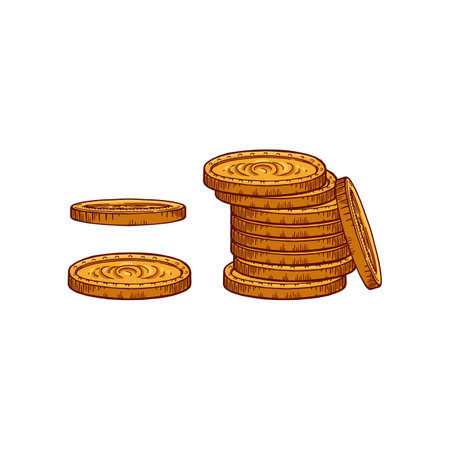 Vector illustration of stack of gold indian coins. Symbol of wealth, treasure, prosperity. Offering for goddess Maa Lakshmi - Lakshmi Charan during celebrate Dhanteras and Diwaliのイラスト素材
