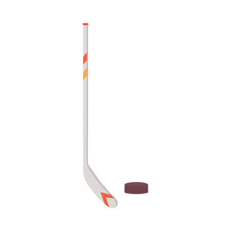 Hockey stick and puck - winter sport equipment isolated on white background. Flat vector illustration of wooden stick and rubber disk.のイラスト素材