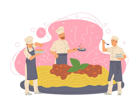 Tiny chefs with huge delicious italian pasta. Professional cooks prepare spaghetti with sauce bolognese. Flat cartoon isolated vector illustrationのイラスト素材