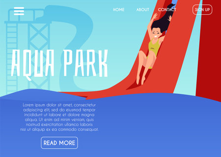 Design of landing page template with girl riding down a red water slide in aqua park or pool. Fun attractions for summer activity entertainment. Flat vector illustration.のイラスト素材