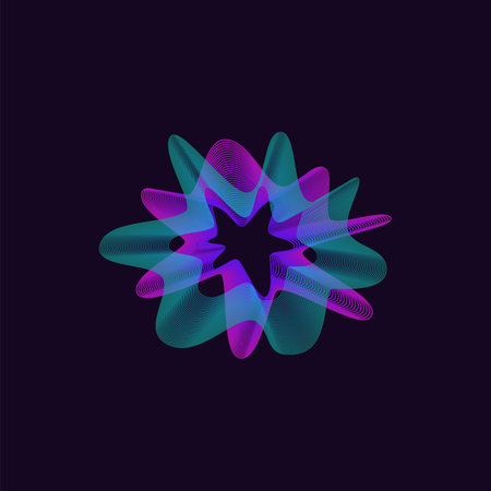 Bright colored dynamic sound waves and neon lines, flat vector illustration isolated on dark background. Abstract decorative element in shape of music waves.のイラスト素材