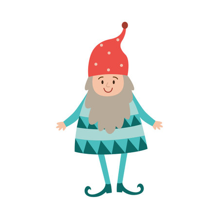 Cute cartoon fairy tale gnome. Fantasy male character with beard, in red hat and blue clothes. A smiling funny fabulous dwarf. Flat vector isolated illustrationのイラスト素材