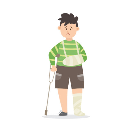 Boy after serious injury with broken limbs in gypsum, flat vector illustration isolated on white background. Wounded injured kid cartoon character standing with crutch.のイラスト素材