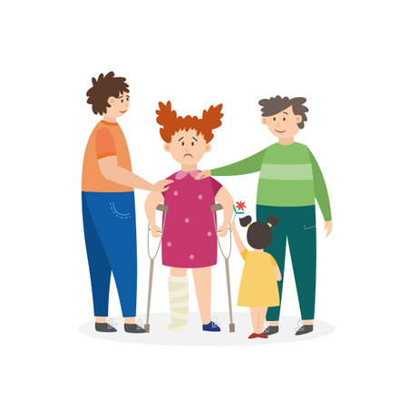 Children comfort an injured girl on crutches, flat vector illustration isolated on white background. Injured wounded little girl cartoon character who has limbs trauma.のイラスト素材