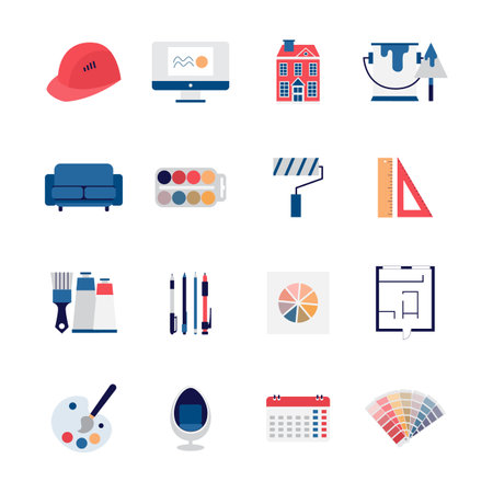 Architecture and interior design symbols and icons set of flat vector illustrations isolated on white background.Tools and equipment of interior designers and decorators.のイラスト素材
