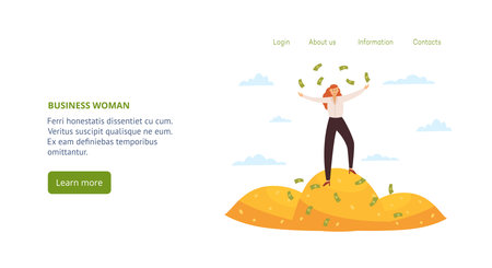Website interface design with business woman standing on a pile of coins, flat vector illustration. Successful rich woman entrepreneur or business lady among money.のイラスト素材
