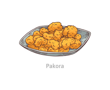 Pakora snack on a plate - traditional Indian fried street food dish isolated on white background. Vector illustration of cartoon Asian cuisineのイラスト素材