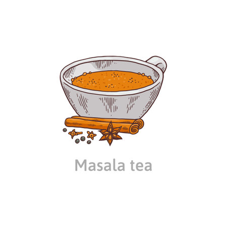 A cup of indian traditional beverage tea masala. National hot drink with spices and milk. Vector sketch illustration isolated on a white background.のイラスト素材
