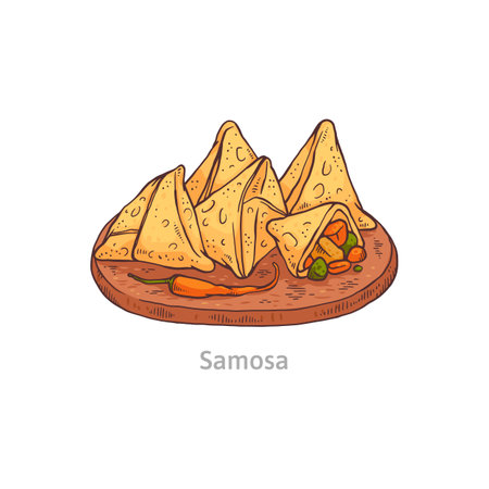Samosa with vegetable filling on wooden board. Traditional street snack food in india. Vegetarian or vegan dish national indian cuisine. Vector sketch isolated illustrationのイラスト素材