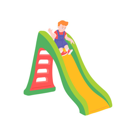 Multicolored kids playground slide with baby on it, flat vector illustration isolated on white background. Facility or equipment of children play zone for sliding down.のイラスト素材