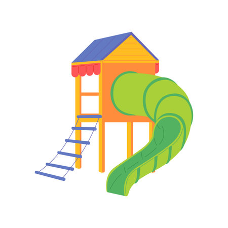 Colorful slide tube with ladder and roof for fun kids games on playground. Childrens outdoor entertainment in kindergarten, park, yard of school, home. Vector isolated illustrationのイラスト素材