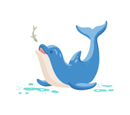 Blue cartoon dolphin swimming and fishing in the water. A wild cute mammal that lives in the sea or ocean. Flat vector illustration isolated on a white background.のイラスト素材