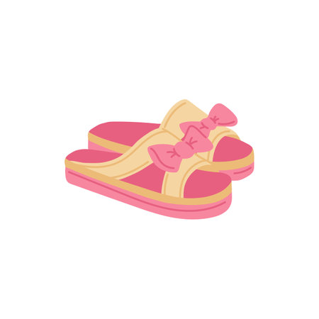 Womens warm cozy slippers or fur flip flops with pink bows, flat vector illustration isolated on white background. Comfortable winter shoes for home and bathing.のイラスト素材
