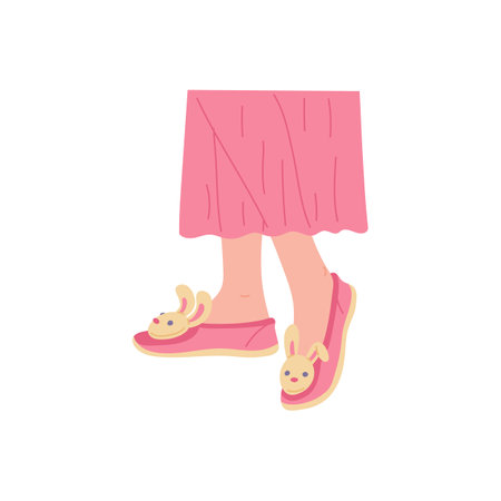Female legs in cozy pink house slippers with a bunny face, flat vector illustration isolated on white background. Women comfortable footwear for home leisure time.のイラスト素材