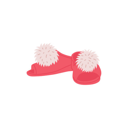 Womens warm cozy open toe slippers or fur flip flops with pompoms, flat vector illustration isolated on white background. Comfortable pink shoes for home leisure time.のイラスト素材