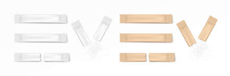 White and color, whole and damaged stick packs, foil bags sachet for bulk products, vitamins or medicaments. Blank template, mockup for advertise. Realistic vector illustrations.のイラスト素材