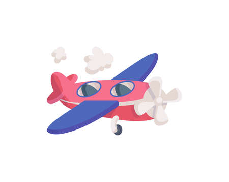 Cartoon toy colorful airplane with propeller and rounded wings, flat vector illustration isolated on...