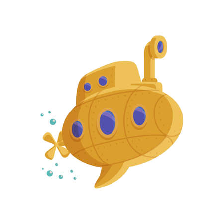 Cute toy cartoon yellow submarine flat vector illustration isolated on blue background. Underwater submarine boat for textile prints and marine thematic.のイラスト素材