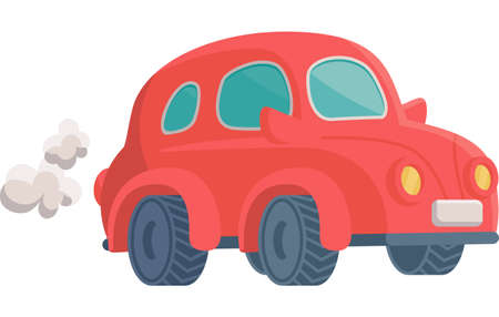 Funny toy car blows out puffs of smoke, flat cartoon vector illustration isolated on white background. Red child toy automobile for children prints and games.のイラスト素材
