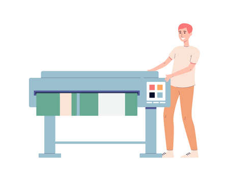 Young man works with printing equipment. Industrial print production with inkjet, digital, offset printers in printing house. Flat vector illustration isolated on white background.のイラスト素材