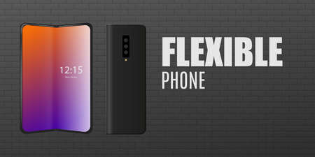 Background design of flexible screen phone on backdrop of brick wall. Template with foldable phone with flexible bending touchscreen, realistic vector illustration.のイラスト素材