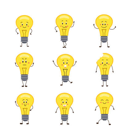 Set cartoon characters of electric bulb with funny human face, flat vector illustration isolated on white background. Collection emoticons in shape of lightbulb.のイラスト素材