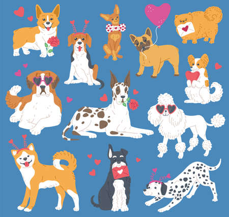 Cute dogs for greeting on valentines day. Happy pets different breeds with hearts, an animals with flowers, puppies with love cards. Flat cartoon vector illustration.のイラスト素材