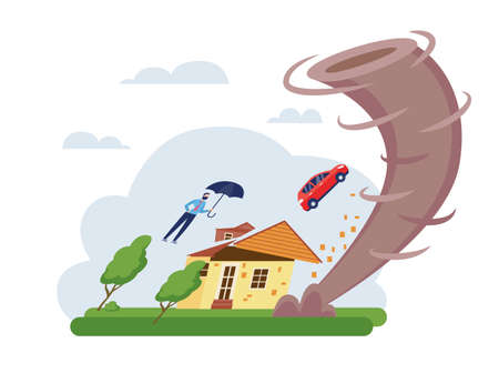 House in tornado storm - hurricane swirl lifting cartoon person, car and rural home roof. Dangerous natural disaster concept, whirlwind damage vector illustrationのイラスト素材