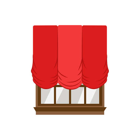 Red window shades curtains, vintage interior decoration in vertical pleated gathered balloon style isolated on white background. Flat cartoon vector illustrationのイラスト素材