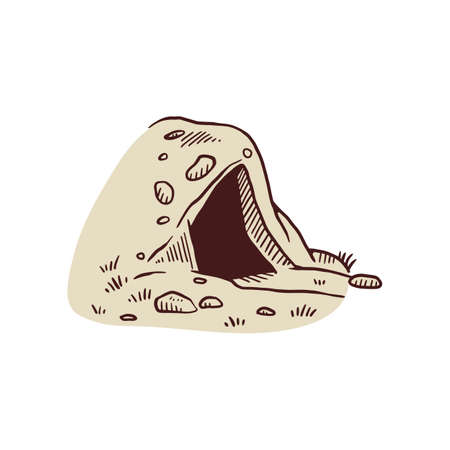 Rock mountain cave cartoon icon in engraved style, hand drawn vector illustration isolated on white background. Natural cave entrance in ground or mountain.のイラスト素材