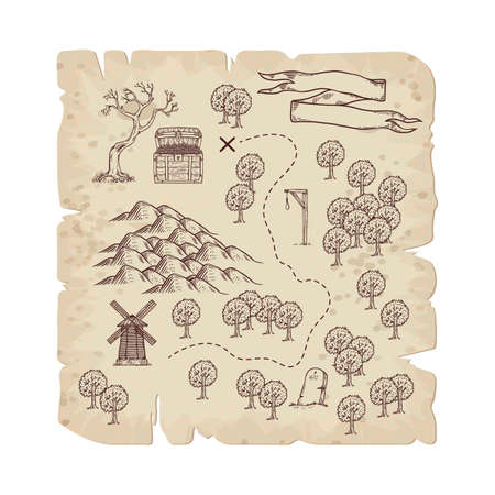 Vintage shabby pirate map with torn edges, engraving vector illustration isolated on white background. Old sailors or pirates treasure map with hand drawn symbols.のイラスト素材