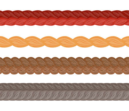 A set of various long hair braids. Seamless female fashion plaits. Flat cartoon vector illustration isolated on white backgroundのイラスト素材