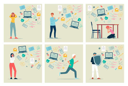 Set of cards with people suffering of information stress and disturbing news, flat vector...