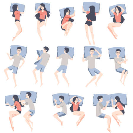 Sleep position for cute couple, girl and guy. Different poses for relaxation, rest and dreaming on pillow in cozy bed. Set of vector flat illustration isolated on white background.のイラスト素材