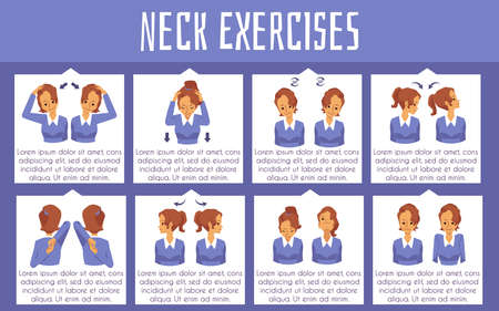 Exercise for health and stretch neck for to relieve the pain at office syndrome. Medical banner with infographics and text, concept healthy lifestyle. Vector flat illustration.のイラスト素材
