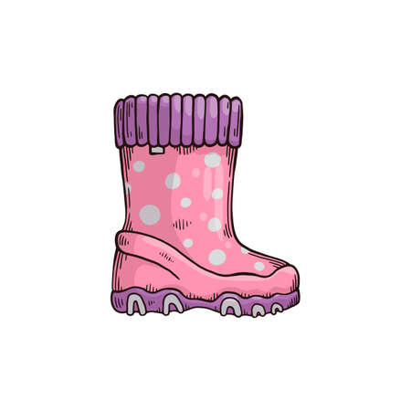 Pink girlish garden gumboots or protective wellie boot, sketch cartoon vector illustration isolated on white background. Rubber boots footwear of autumn or spring season.のイラスト素材