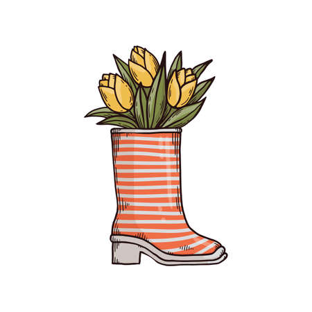 Striped female rubber boot with yellow tulips in bootleg, hand drawn cartoon vector illustration isolated on white background. Spring or summer flowers in gumboot.のイラスト素材