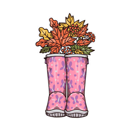 Rubber welly boots with bouquet of autumn maple leaves and berries, cartoon vector illustration isolated on white background. Autumn mood seasonal design of gumboots.のイラスト素材