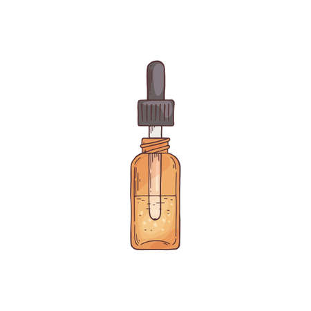 Cosmetic facial product for female beauty. Glass bottle and pipette with moisturizing serum or liquid vitamins for skin care and makeup. Vector sketch isolated illustration.のイラスト素材