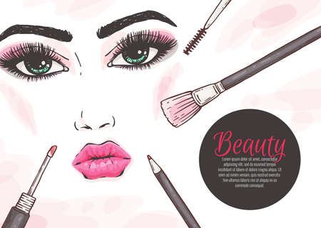 Colorful banner with beautiful woman face among makeup brushes and cosmetics, cartoon vector illustration on white background. Banner for beauty salon, visage and makeup.のイラスト素材