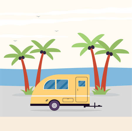 Camping trailer on sea beach. Motorhome truck for outdoor summer vacation, travel, tourism and adventure. Vector flat illustrationのイラスト素材