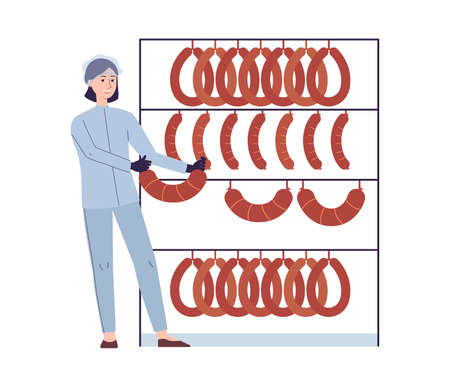 Sausage factory worker hanging food on rack - isolated cartoon woman in industrial uniform holding processed smoked meat. Flat vector illustration.のイラスト素材
