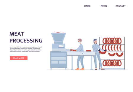 Meat processing factory website banner with cartoon people working on food conveyor belt machine to produce sausages. Flat vector illustration template.のイラスト素材