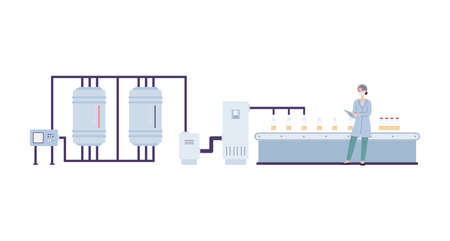 Dairy factory conveyor equipment for filling milk into bottles and worker, flat vector illustration isolated on white background. Milk production industry.のイラスト素材
