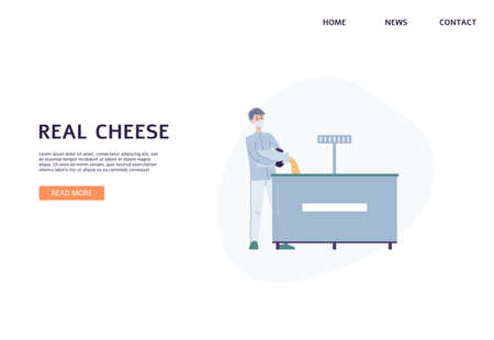 Cheese factory website banner with cartoon worker pouring liquid into industrial machine. Food manufacturing plant homepage template, flat vector illustrationのイラスト素材