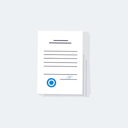 Signed and stamped page of business document or contract, flat vector illustration isolated on blue background. Paper business document or legal agreement.のイラスト素材