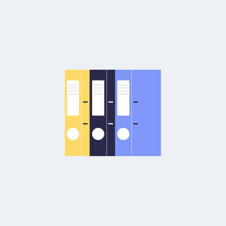 Documents cardboard files and folders flat vector illustration isolated on blue background. Folders for office documentation or catalog paper files standing in row.のイラスト素材