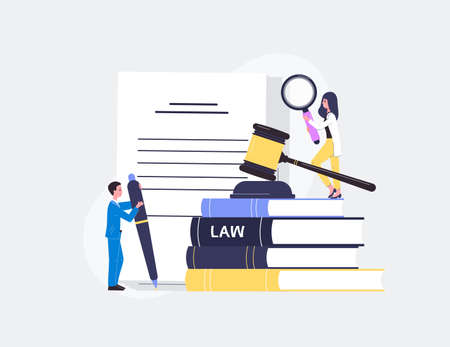 Law business regulatory compliance banner with people characters working with documents, flat vector...