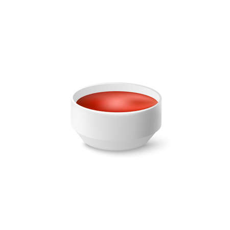 Red sauce in white bowl. Fresh tomato ketchup or spicy liquid hot chili pepper for dressing food. Vector realistic 3d illustration isolated on a white background.のイラスト素材