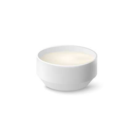 Sour cream or white creamy sauce in a saucer bowl, realistic vector illustration isolated on white background. Dressing or dip for savory fast food dishes.のイラスト素材